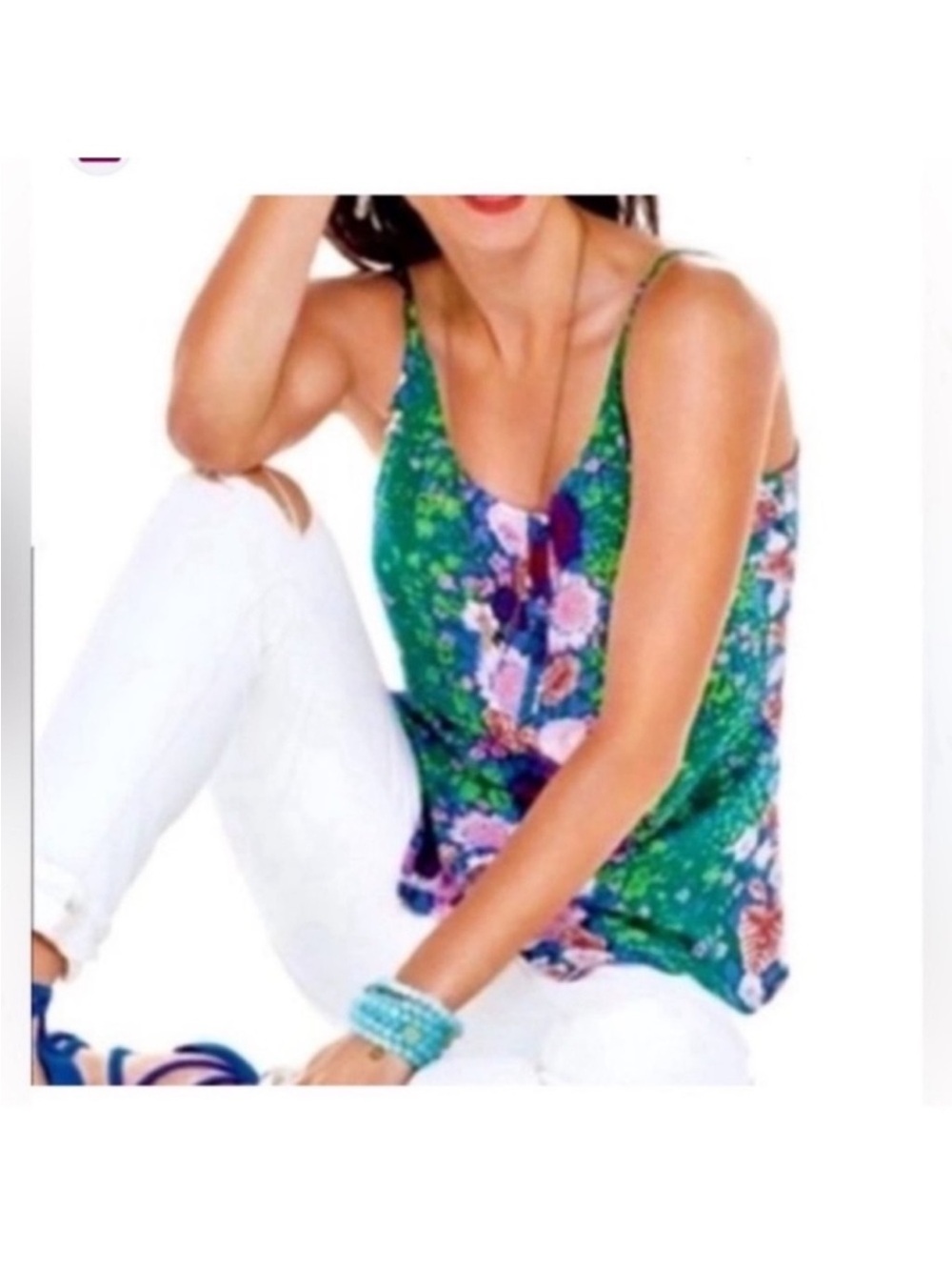 CAbi Isla Green Cami Trellis Floral Tank Top/Blouse Sz S front button detail